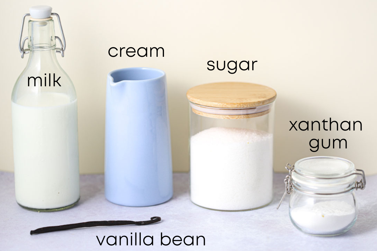 show the ingredients of the recipe: milk, cream, sugar, vanilla bean, xanthan gum