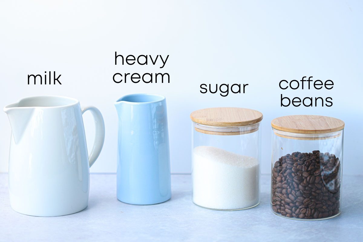 The ingredients for the recipe shown from left to right: milk, heavy cream, sugar, and coffee beans.