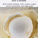 This is a brief overview of the post. It includes a subheading: "A Custard-Based Ice Cream", a heading " "Cheesecake Filling Ice Cream" and the ingredients for the recipe: "With cream cheese, milk, cream, sugar, white chocolate, and egg yolks."" In the middle of the image, there is a photo of a scoop of cheesecake ice cream shot from above. Below there is the description of the website: "www.biterkin.com for ice cream recipes"
